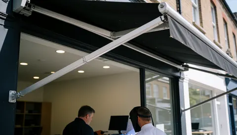 Commercial awning with metal structure extended over a modern office building facade