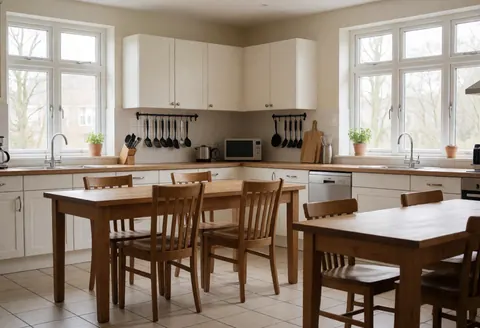 Clean and tidy shared kitchen featuring wooden furniture, large windows, hanging utensils, and tiled floors, suitable for a bed and breakfast.