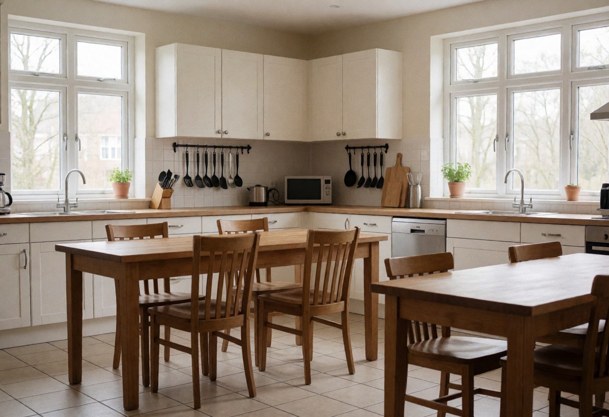 Clean and tidy shared kitchen featuring wooden furniture, large windows, hanging utensils, and tiled floors, suitable for a bed and breakfast.