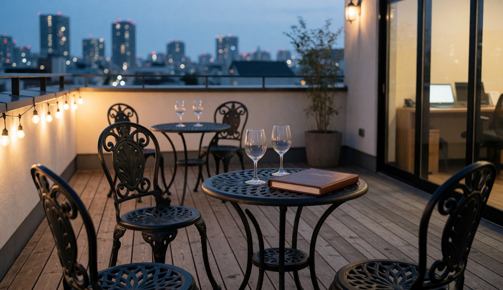 Outdoor terrace with wrought iron tables, wine glasses, and a book overlooking the city at sunset, ideal for tango classes