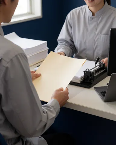 Customer holding a manila folder while speaking with an employee at a copy and binding office.