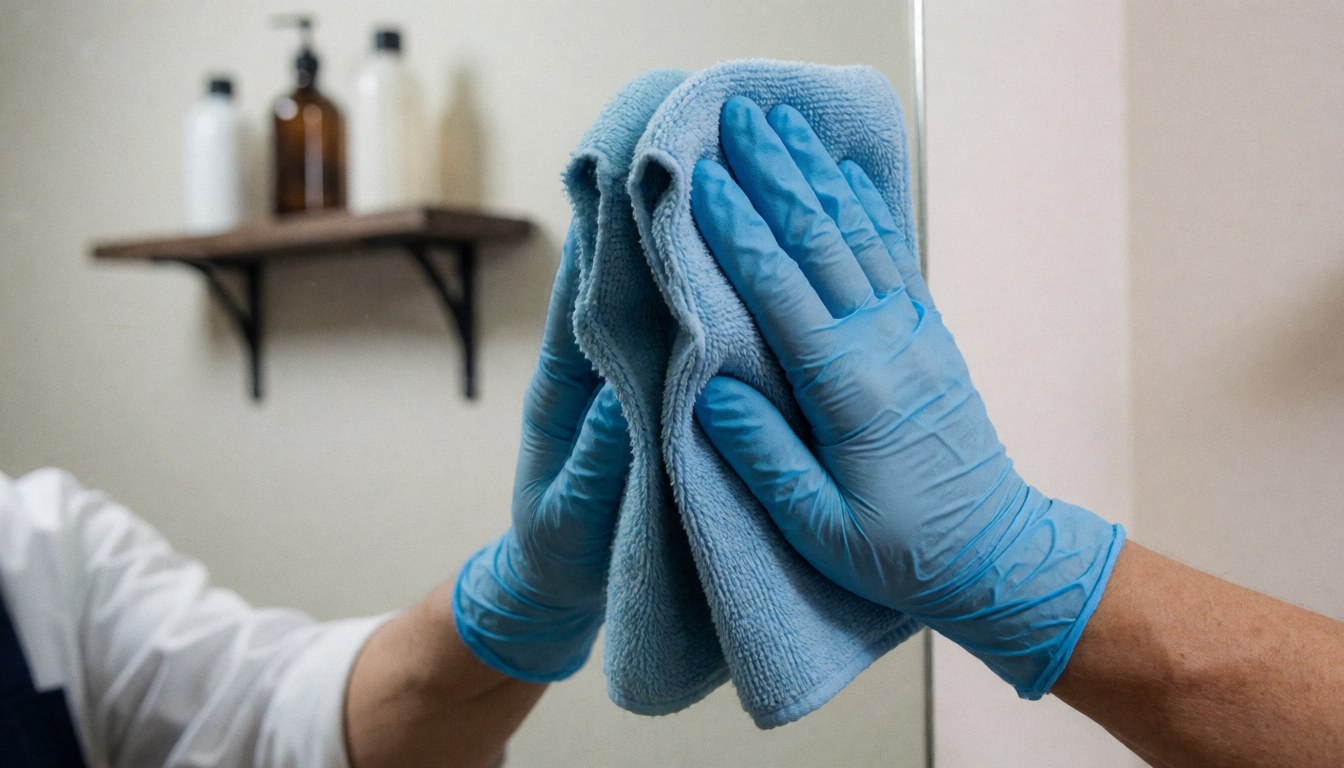 Close-up of hands wearing blue nitrile gloves wiping a mirror clean with a white microfiber towel in a professional makeup salon setting