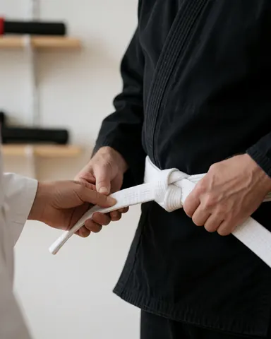 Close-up of hands adjusting the knot of a white belt on a black gi with martial arts equipment in the background