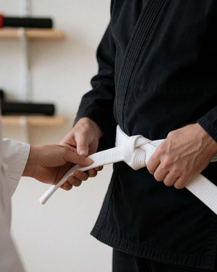 Close-up of hands adjusting the knot of a white belt on a black gi with martial arts equipment in the background