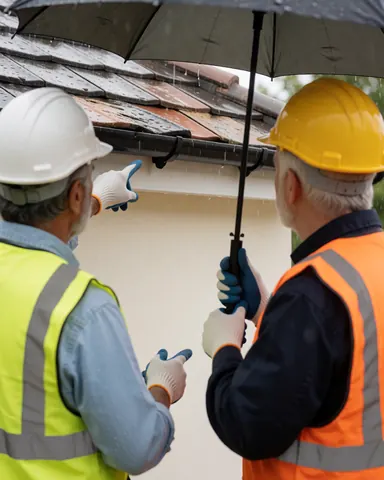 Technician in hard hat and vest points to roof damage while another holds an umbrella during a roof repair service.