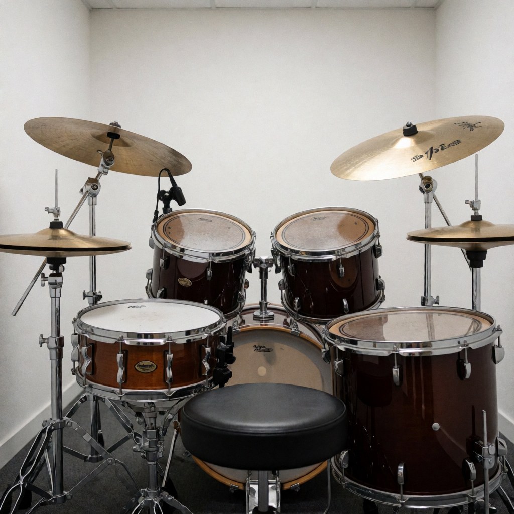 Complete acoustic drum set with cymbals and stool in a music academy practice room with white walls and bright lighting