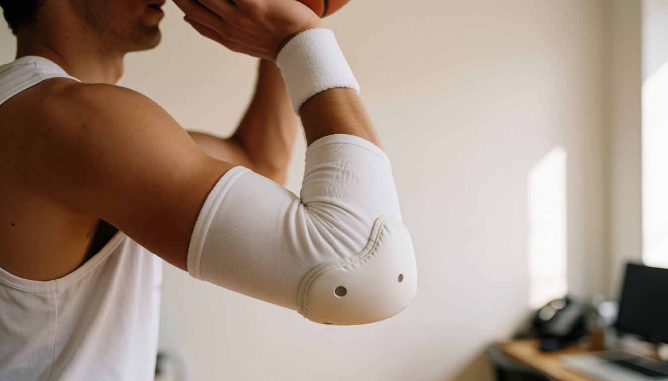 Close-up of a basketball player's arm wearing a white elbow pad in a shooting stance against a white wall with warm lighting