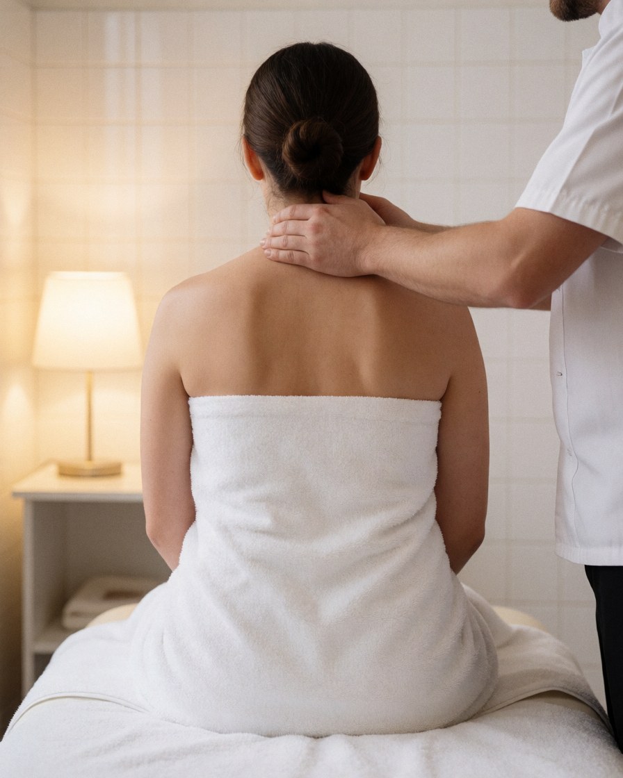 Therapist massaging a seated client's neck on a massage table with a white towel in a tiled room with warm lighting