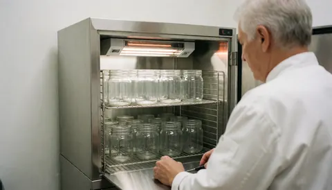 A professional in a white uniform inspects glass jars inside a UV sterilization oven against a white clinical background.