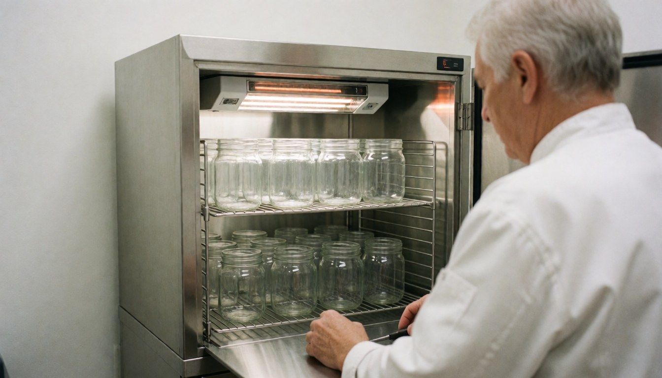 A professional in a white uniform inspects glass jars inside a UV sterilization oven against a white clinical background.