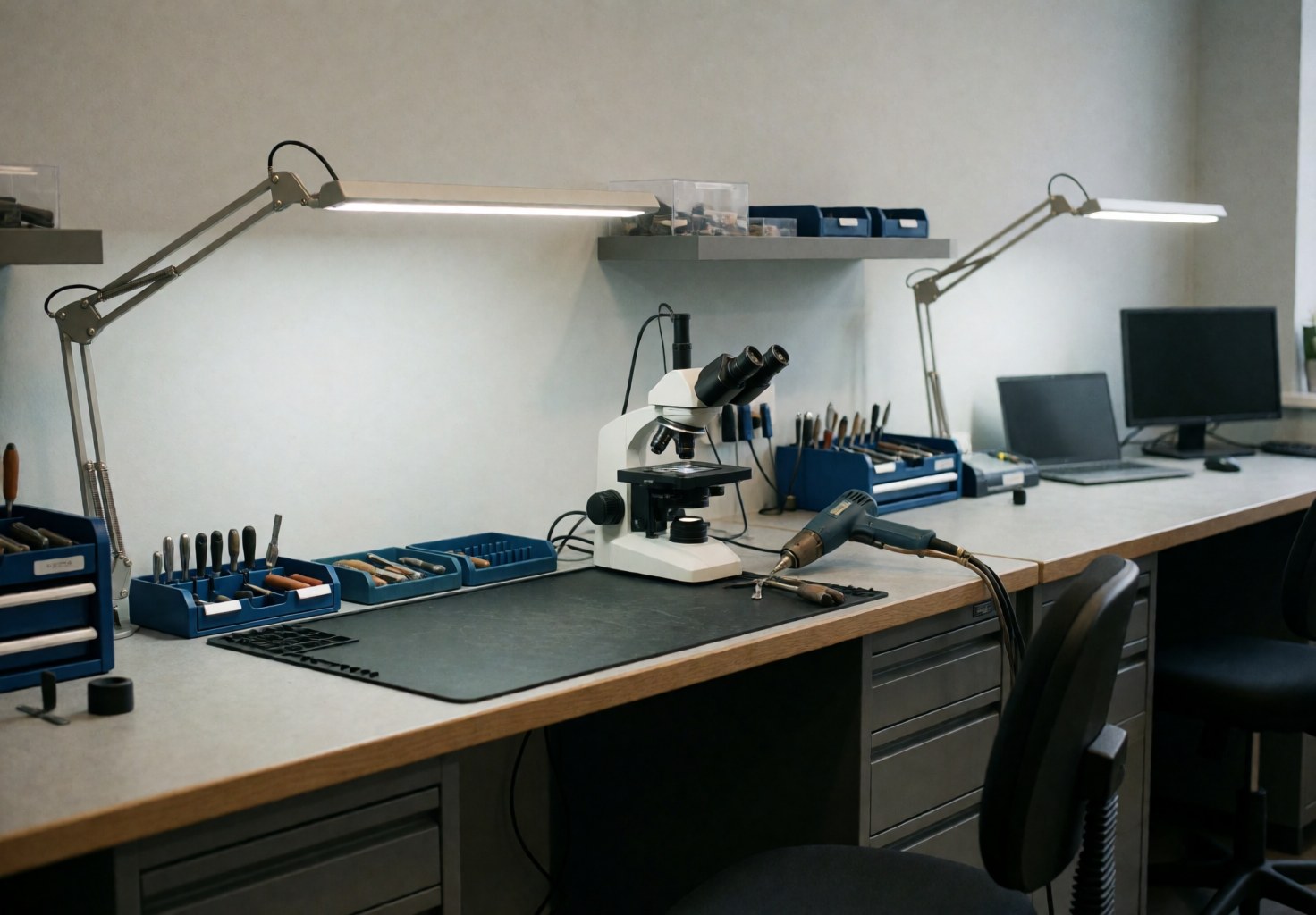 Clean workbench equipped with a microscope, heater, and organized tools for professional cell phone repair in a business setting