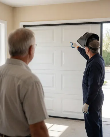 A technician wearing a welding helmet inspects a white garage door while a client watches nearby in a well-lit area with beige walls.