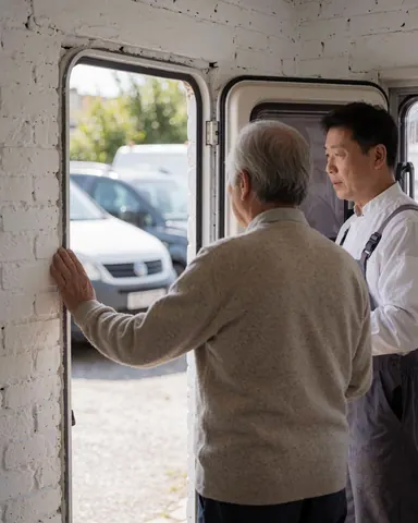 A satisfied client checks the camper window while a mechanic explains the repair work in a garage with white brick walls.