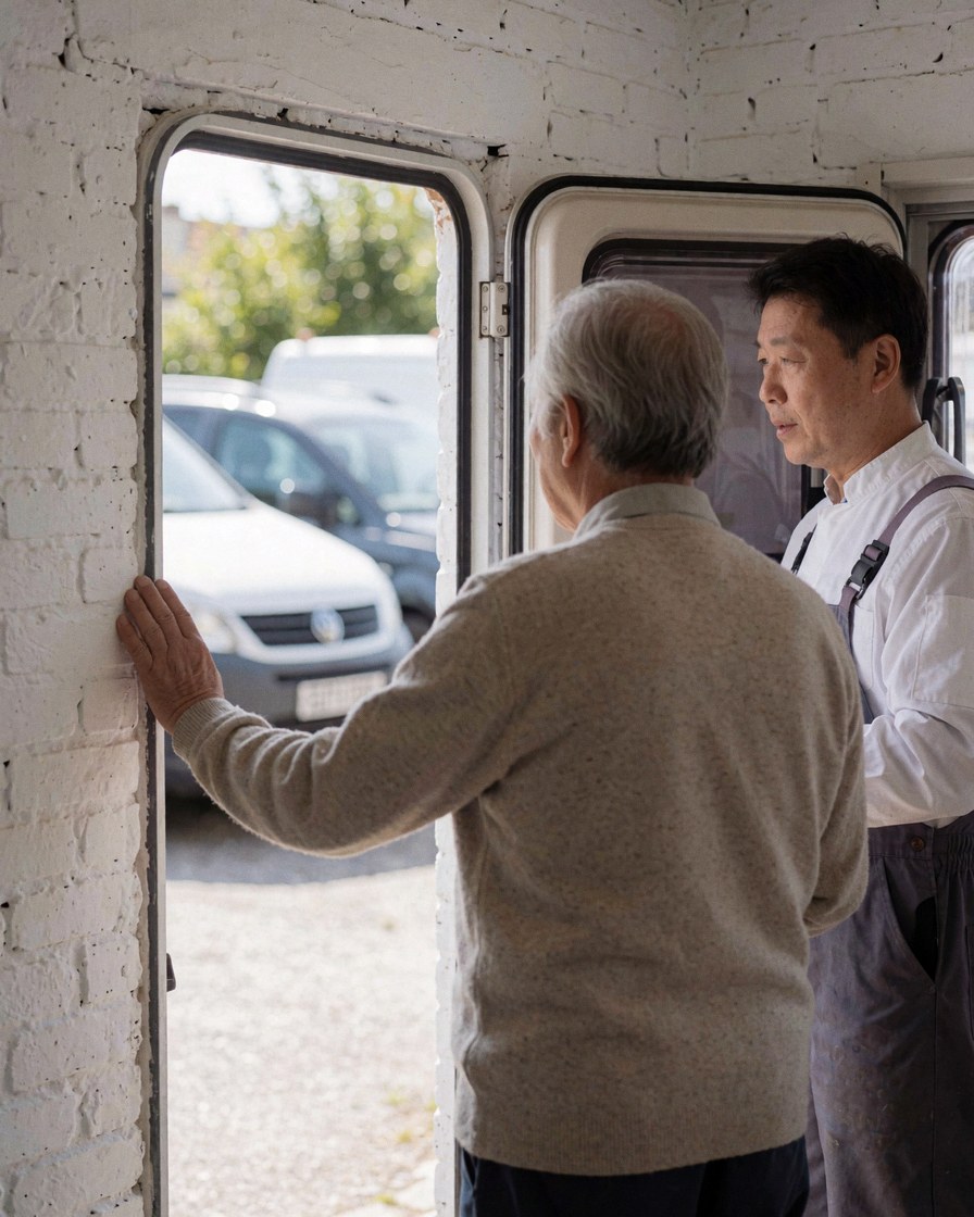 A satisfied client checks the camper window while a mechanic explains the repair work in a garage with white brick walls.