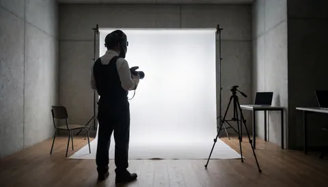 A professional photographer adjusts a tripod next to a laptop in a white background studio while preparing for a portrait session.
