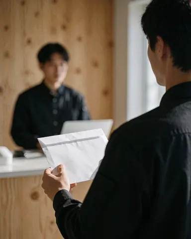 A smiling customer accepts a white container from a delivery employee in a modern office with light wood walls and a laptop in the background.