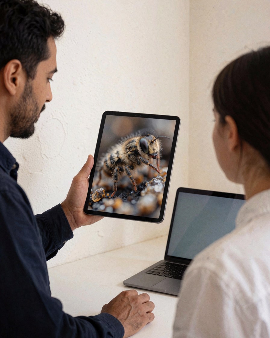 A customer reviews a macro bee image on a tablet in an office setting with warm white walls and a laptop nearby.