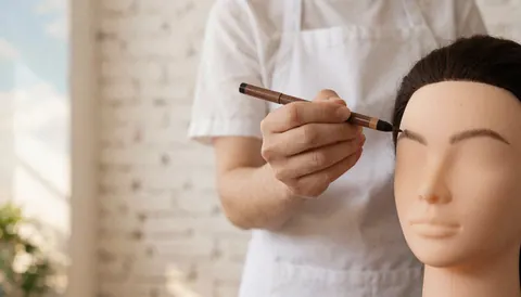 A professional applies eyebrow makeup to a mannequin in a studio with a white brick wall and natural light