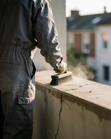 Worker using a brush to clean the cracked concrete edge of a balcony during sunset light, suitable for waterproofing services.