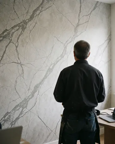 Back view of a satisfied client admiring a wall painted with a gray and beige marble effect, with a laptop on a desk to the right and natural lighting.