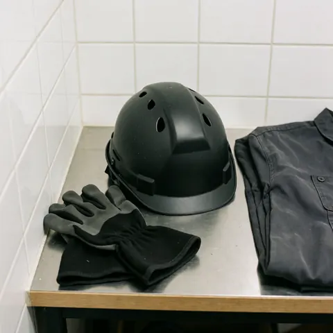 Black helmet and work gloves placed on a metal table next to a work shirt in an adventure park with white tiled walls.