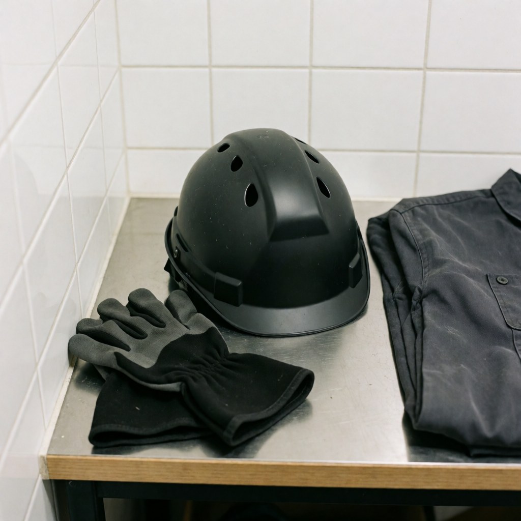 Black helmet and work gloves placed on a metal table next to a work shirt in an adventure park with white tiled walls.