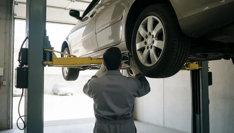 A technician inspects a car tire inside a workshop with concrete walls and natural light coming through the door.