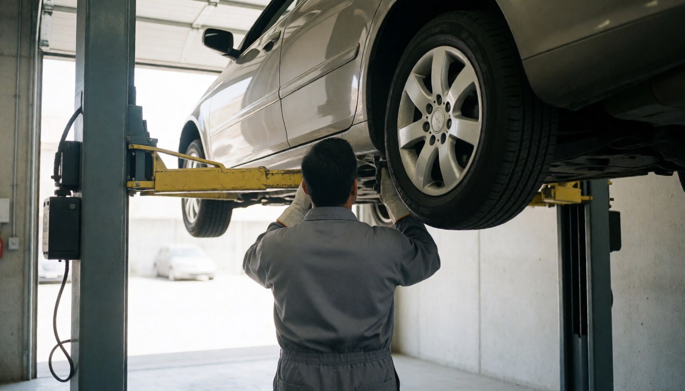 A technician inspects a car tire inside a workshop with concrete walls and natural light coming through the door.