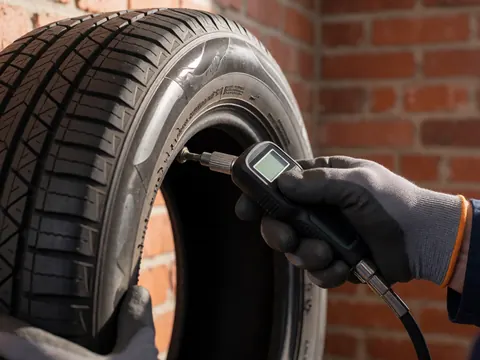 Close-up of a gloved hand using a digital gauge to check tire pressure against a red brick wall in sunlight