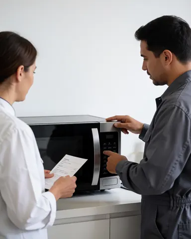 Technician in uniform displays the control panel of a repaired microwave to a client while holding an invoice in a modern workshop.