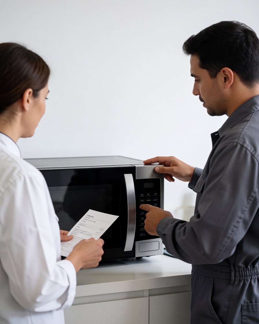 Technician in uniform displays the control panel of a repaired microwave to a client while holding an invoice in a modern workshop.