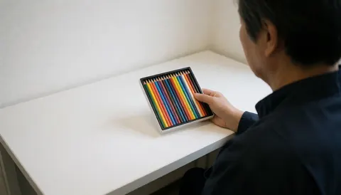 Back view of an adult holding a box of colored pencils over a white desk, suitable for stationery shop websites