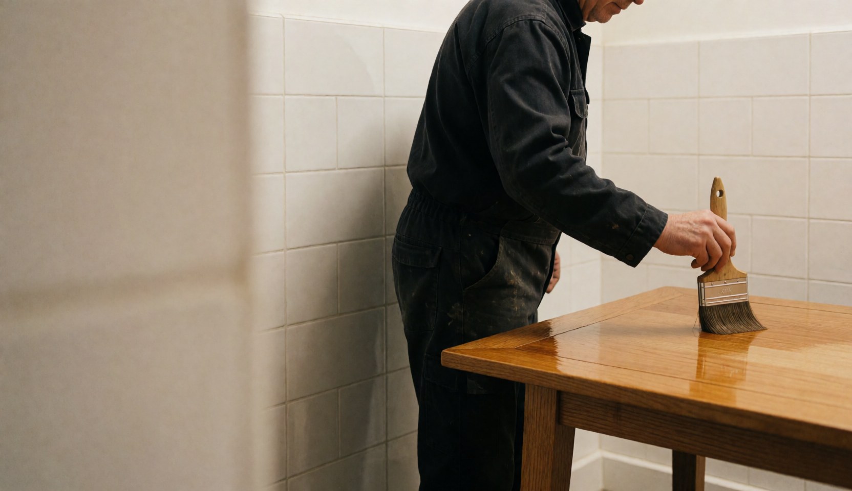A man applying varnish to a wooden table in a workshop with white tiled walls, illustrating furniture restoration services.