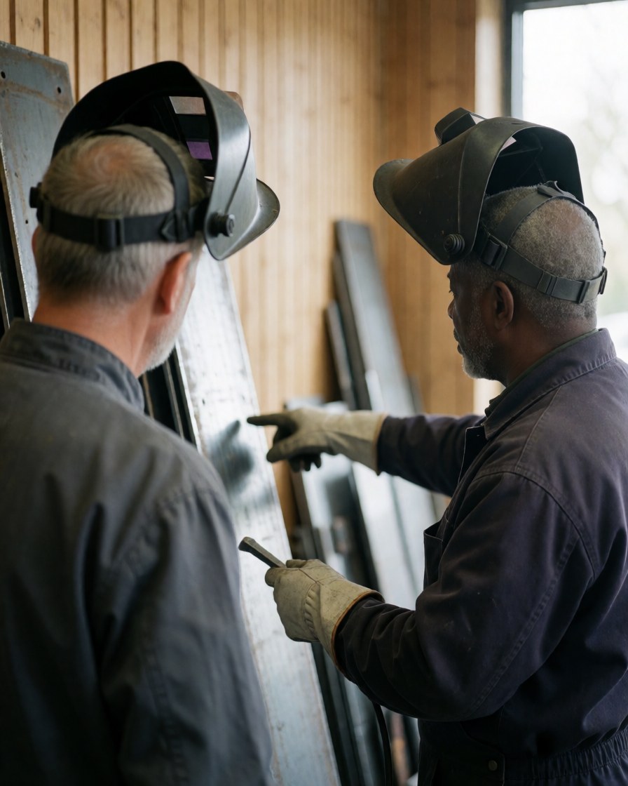 Two workers wearing welding masks inspect metal plates in a workshop with wooden walls, demonstrating metal cutting services.