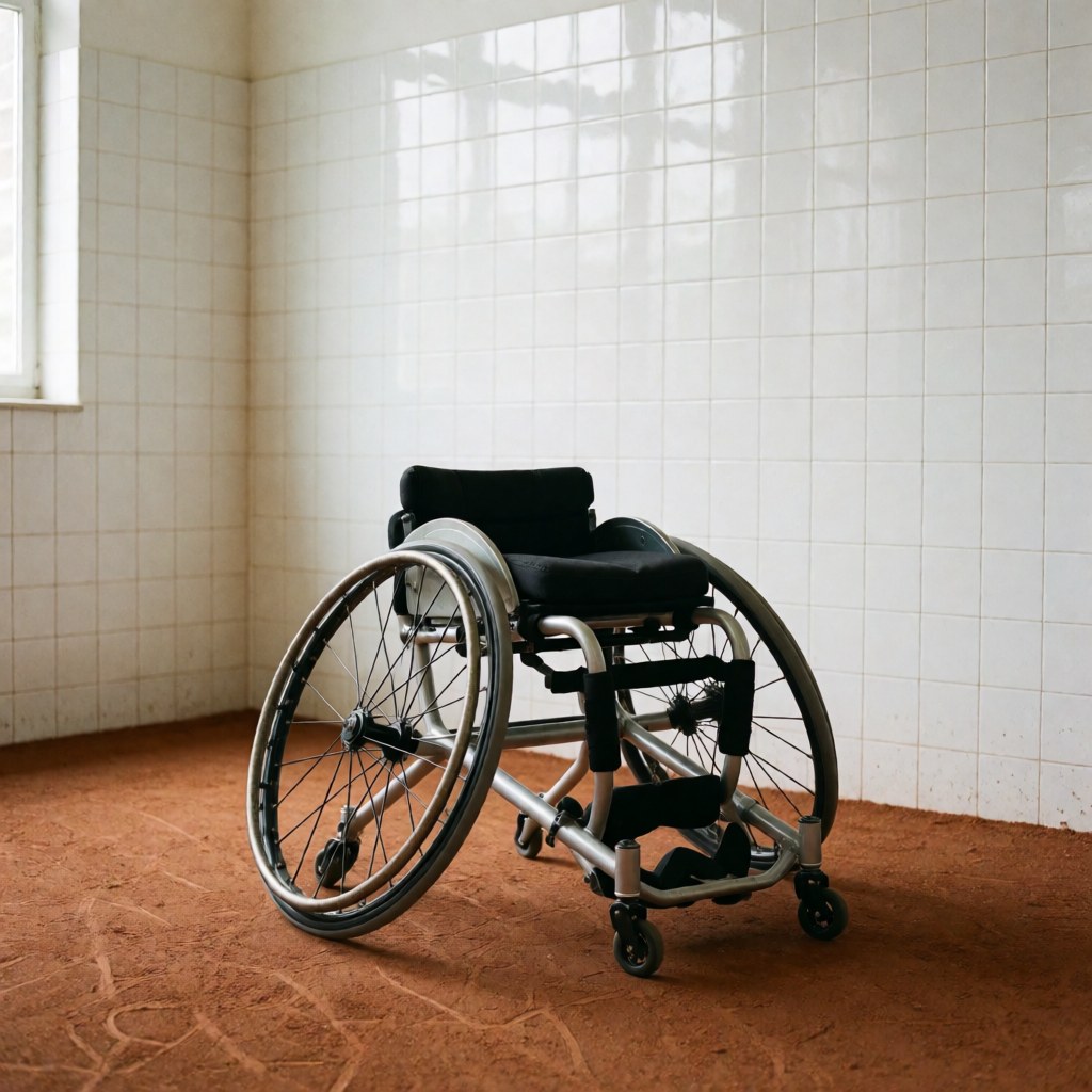 Adapted tennis wheelchair with large wheels and robust frame on a red clay court, ideal for sports equipment catalogs