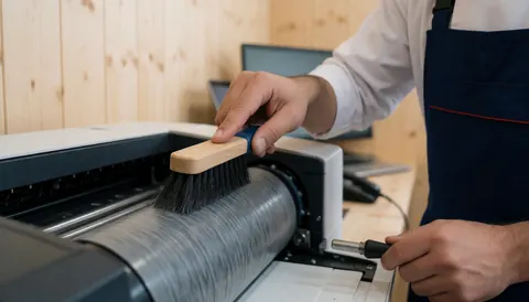 Technician in apron cleaning printer roller with brush on light wood background