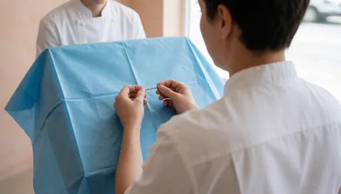 A piercer in a white uniform manipulates a barbell over sterile blue fabric in a modern clinical setting with a covered client nearby