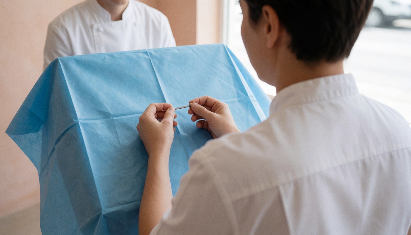 A piercer in a white uniform manipulates a barbell over sterile blue fabric in a modern clinical setting with a covered client nearby