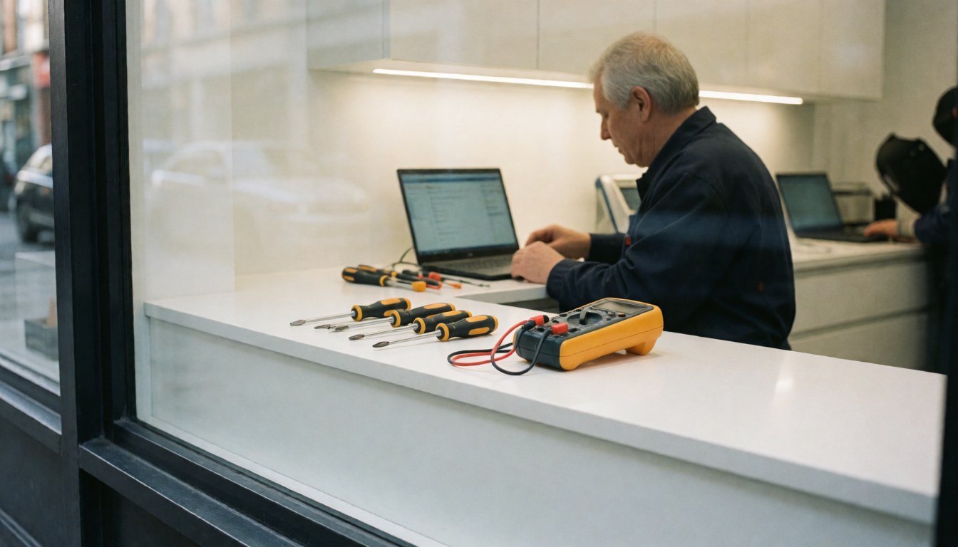 Appliance repair technician using a multimeter and screwdrivers on a work counter during a service call.