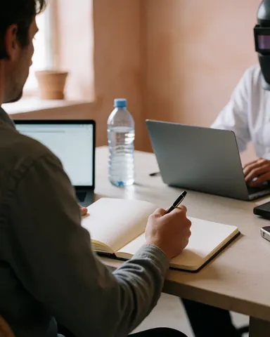 A person writing in a notebook with a laptop on a desk against terracotta walls with ambient light for a writing school