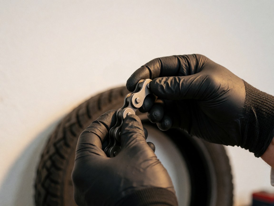 Gloved hands tightening a motorcycle chain in a workshop with a tire and white wall in the background