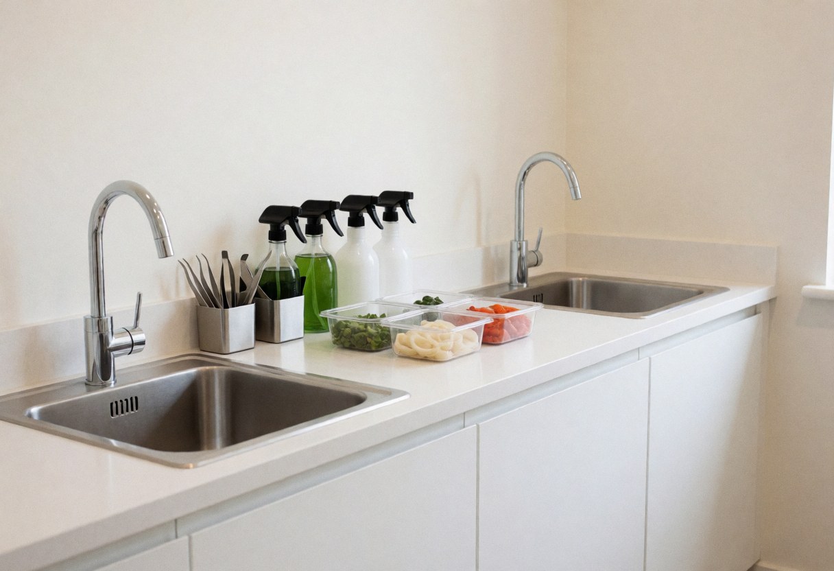 Clean professional kitchen featuring two sinks, spray nozzle, tongs, and containers of fresh vegetables ready for meal preparation.