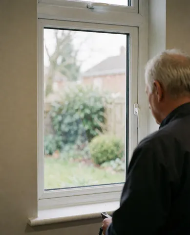 A man stands with his back to the camera, gazing through a newly installed white-framed insulated window toward a blurred garden outside.