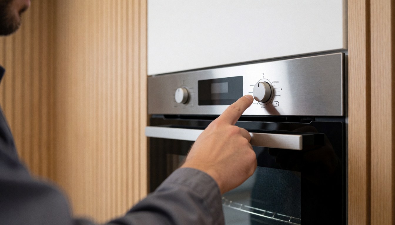 Close-up of a technician's hand adjusting the control dial on a modern white electric oven in a kitchen with light wood walls.