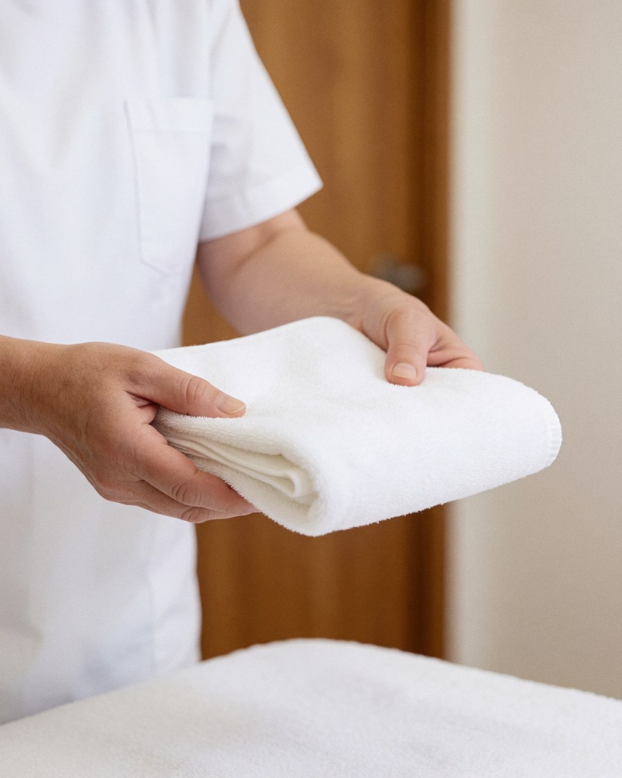 Close-up of a hand folding a white towel in a massage salon with warm walls and bright light, showing hygienic preparation details.