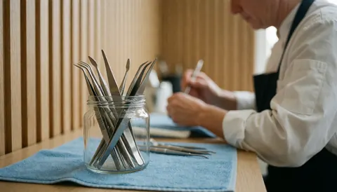 A jar of sterilized tweezers resting on a blue towel atop a wooden manicure table, highlighting clean salon tools.