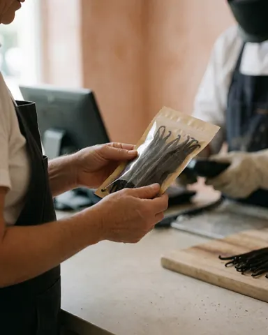 A customer examines a bag of vanilla beans at a natural products store with terracotta walls and a clean counter.