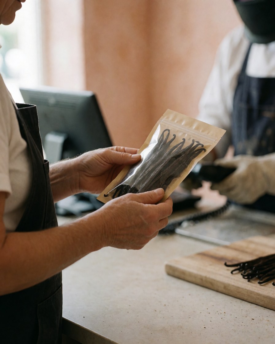 A customer examines a bag of vanilla beans at a natural products store with terracotta walls and a clean counter.