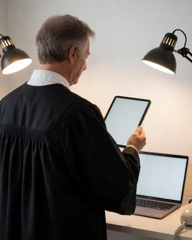 A lawyer viewed from behind reviews photos on a tablet while sitting at a white desk with a laptop and desk lights against a white wall.