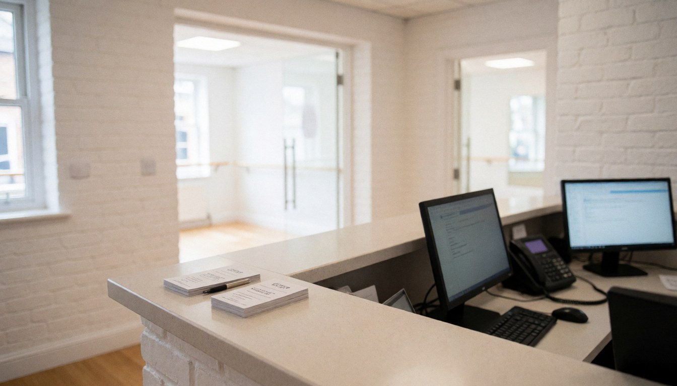Reception area of a dance studio featuring desks, computers, class cards, and an entrance to practice rooms